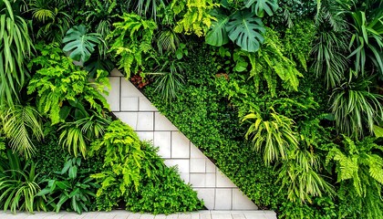 Lush Green Vertical Garden with White Brick Accent Wall.