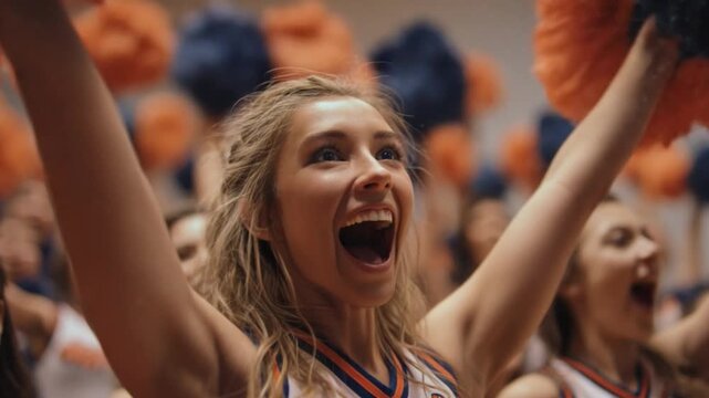 Enthusiastic Cheerleader: A cheerleader, filled with vibrant energy, radiates enthusiasm, cheering amidst her team, pom-poms high.