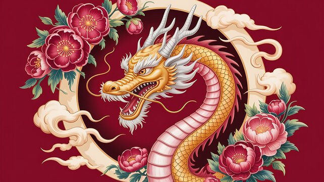 Majestic golden dragon with floral arrangement in elegant artistic representation