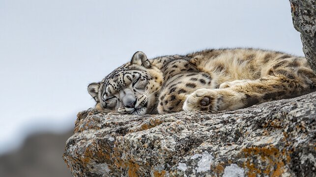 A snow leopard resting on a rocky ledge, surrounded by icy peaks