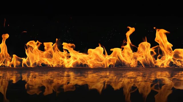 Blazing fireline rolls along a reflective surface, mirrored tongues of flame doubling the heat against inky black; dramatic studio asset designed for transitions, logo reveals
