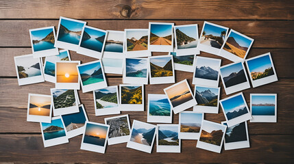Assortment of travel polaroids spread out randomly on wooden table, overhead photo