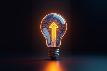 Glowing light bulb with upward arrows, symbolizing innovation and progress in a dark, futuristic setting.