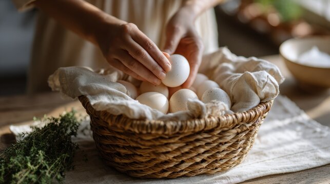 Farm fresh eggs carefully placed by hands in wicker basket, calm rustic kitchen mood, natural light, organic food lifestyle for cooking, farmhouse branding, slow living - Powered by Adobe