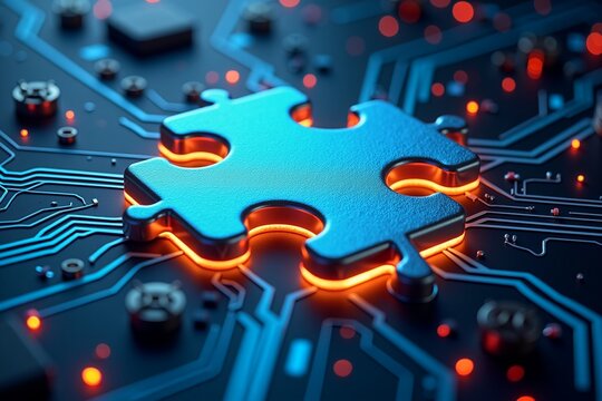 Blue puzzle piece glowing on circuit board, orange lights shine around. Tech fusion concept in futuristic digital world.