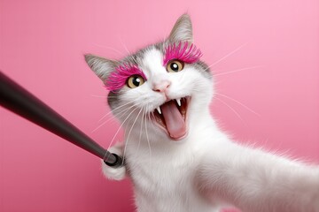 Funny Cat With Pink Eyelashes Taking Selfie On Pink Background. Humor Visual For Social Media, Pet Personality Or Playful Marketing