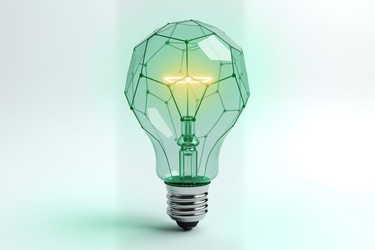 Green glowing light bulb with geometric glass design, modern minimal background. Futuristic illumination concept.