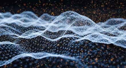 Abstract digital landscape of glowing blue waves and particles