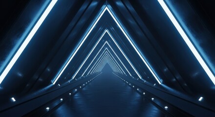 Futuristic neon tunnel with blue geometric lighting