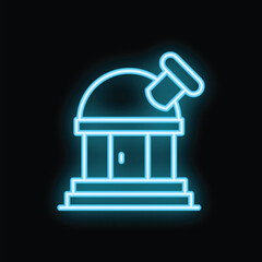 Bright blue neon icon of an observatory building with a dome and telescope, representing astronomy and the study of space