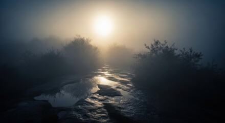 Misty path illuminated by golden sunlight through trees