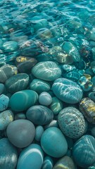 Tranquil turquoise water ripples over smooth river stones, creating a serene, calming, and refreshing nature background for mindful meditation