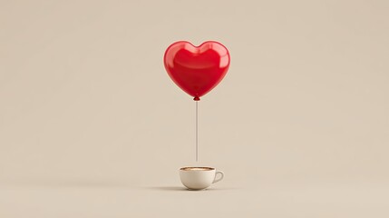 Red heart balloon floating above cup of coffee symbolizing love warmth and morning romance on beige background