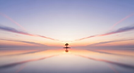 Lone paddleboarder silhouetted against a vibrant sunset over calm water
