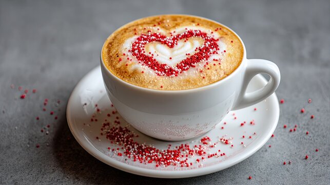 Cup of cappuccino with heart shaped foam and red sprinkles symbolizing love romance and cozy morning mood