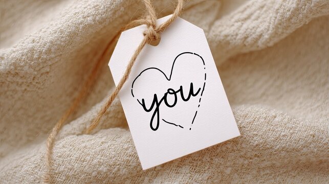 Romantic tag with handwritten word you and heart symbol on soft beige fabric background expressing affection