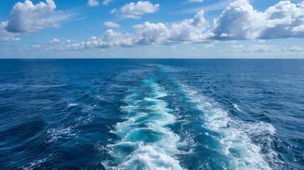 Stunning deep blue ocean water with white wake under a bright sky with fluffy clouds, a tranquil and vibrant marine journey capturing the essence of freedom