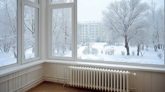 White radiator under large window with snowy city park view representing winter warmth and home comfort