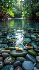 Tranquil stream flows over smooth pebbles, a seashell resting serenely in the crystal water, light dancing on the ripples for soothing natural beauty