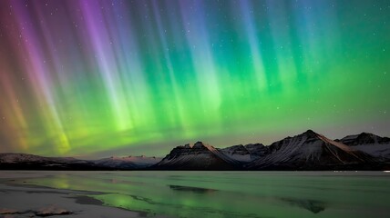 Breathtaking Northern Lights dance over snow-capped mountains and icy waters, creating a magical winter wonderland landscape for travel and adventure