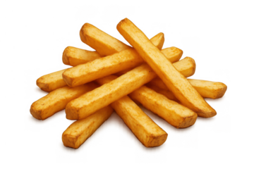 Pile of golden crispy french fries for fast food snack on transparent background, indulging in junk food pleasure