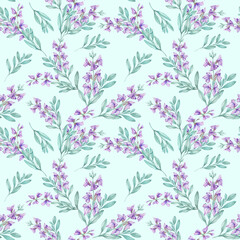 Obraz premium Hand drawn watercolor illustration seamless pattern of violet sage blossoms with green foliage. Ideal for textile designs, wrapping paper, stationery, wallpapers, and decorative packaging.