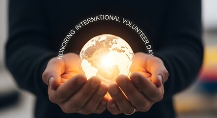 Honoring international volunteer day globe in hands shining light for global community service work