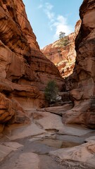 Explore a stunning desert canyon with towering red rock walls and resilient trees, perfect for adventure, travel, or environmental themes in editorial content