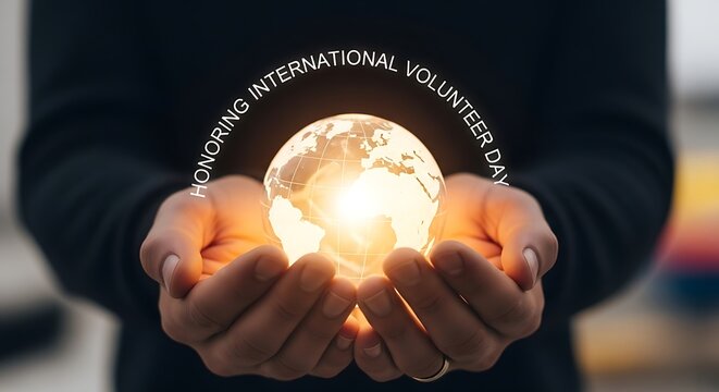 Honoring international volunteer day globe in hands shining light for global community service work - Powered by Adobe
