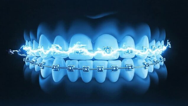 Dental braces visualization with blue glow and lightning effect to showcase teeth alignment process