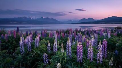 Stunning lupine field blooming at dusk with snow-capped mountains reflecting on lake, a scene of tranquil beauty and natural wonder