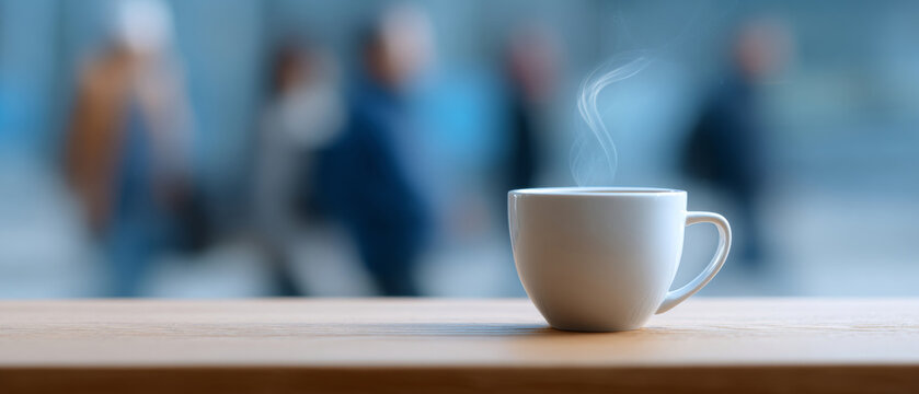 Steaming white coffee cup on wooden table with blurred people walking in background urban setting - Powered by Adobe