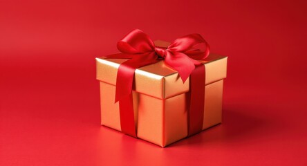 Obraz premium Gold gift box with red ribbon and copy space on bright red background. Ideal for Christmas marketing, holiday retail promotions, seasonal product packaging and festive advertising.