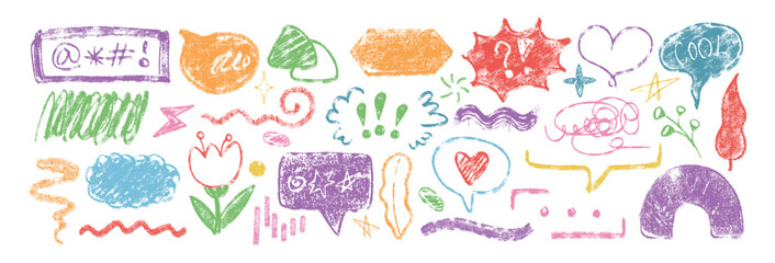 Hand drawn crayon speech bubbles, wavy lines and children scribbles. Chalk pencil texture cute kid doodle icons set. Colorful text box, dialogue balloons, talk frames, flower, hearts in sketch style