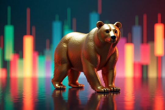Golden bear statue on reflective surface, backdrop of glowing stock charts symbolizing market downturn or bearish trend.