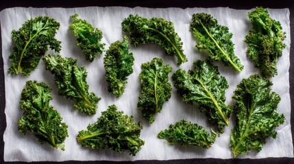 Fresh kale leaves arranged on parchment paper ready for baking into healthy crispy chips, showcasing vibrant green organic vegetables for clean eating