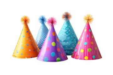 Festive party hats and confetti isolated on white background for a birthday celebration or New Year holiday decoration