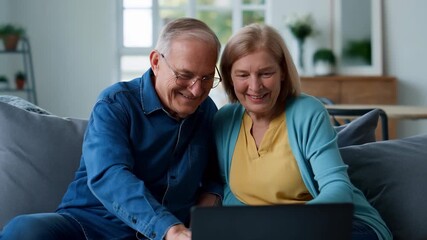 Happy mature couple sitting on a cozy sofa, using a laptop together and smiling, illustrating a modern retirement filled with connection, technology, and togetherness from home - Powered by Adobe