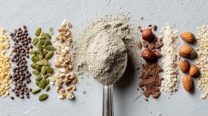 Assortment of protein powders and superfoods including seeds, nuts, and nutritional supplements arranged overhead on white surface for healthy lifestyle