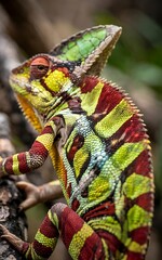 Stunning panther chameleon basking in natural light with vibrant colors and intricate details for wildlife enthusiasts and nature lovers everywhere