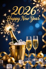 Champagne bottle in a golden bucket with ice and sparkler, two glasses of bubbly, and gold ornaments against a dark blue, festive background. New Year 2026 celebration.
