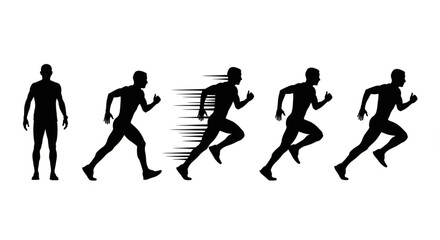 Fototapeta premium Black Silhouette Vector of Runner Positions Showing Motion Stages, Clean Minimal Outlines, Isolated on White Background, Dynamic Athletic Vector Illustration
