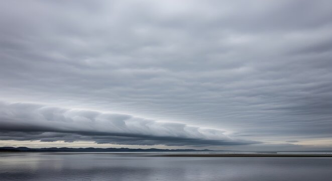 A wide gray sky with a low shelflike cloud formation hangs over a still reflective beach and distant mountains - Powered by Adobe