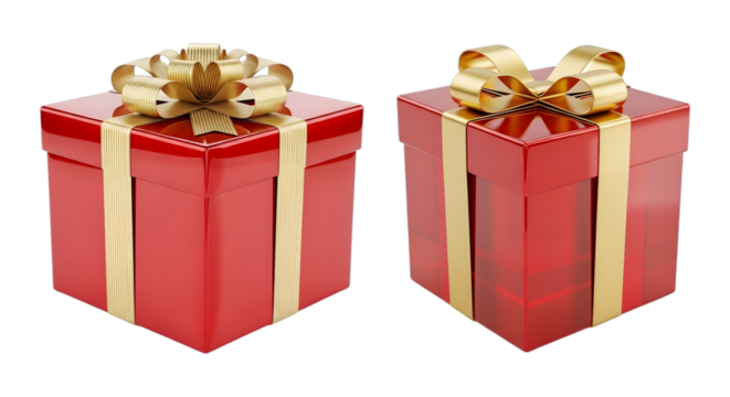 Two red gift boxes with gold ribbon and bows isolated on transparent background