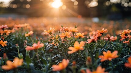 Stunning orange flowers blooming in a field kissed by golden sunlight, nature's vibrant beauty and peaceful serenity creating a warm, inviting ambiance