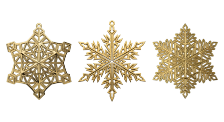 Three golden snowflake ornaments isolated on transparent background
