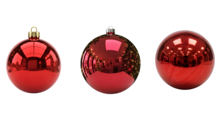 Three shiny red oval christmas ornaments isolated on transparent background