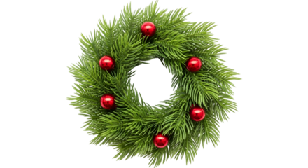 Green christmas wreath with red ornaments isolated on transparent background