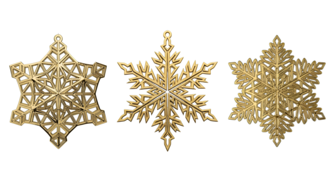 Three golden snowflake ornaments isolated on transparent background