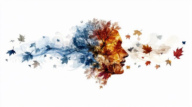 A profile silhouette of a human head is filled with autumn leaves and tree branches, with swirling smoke and falling leaves emanating from it.